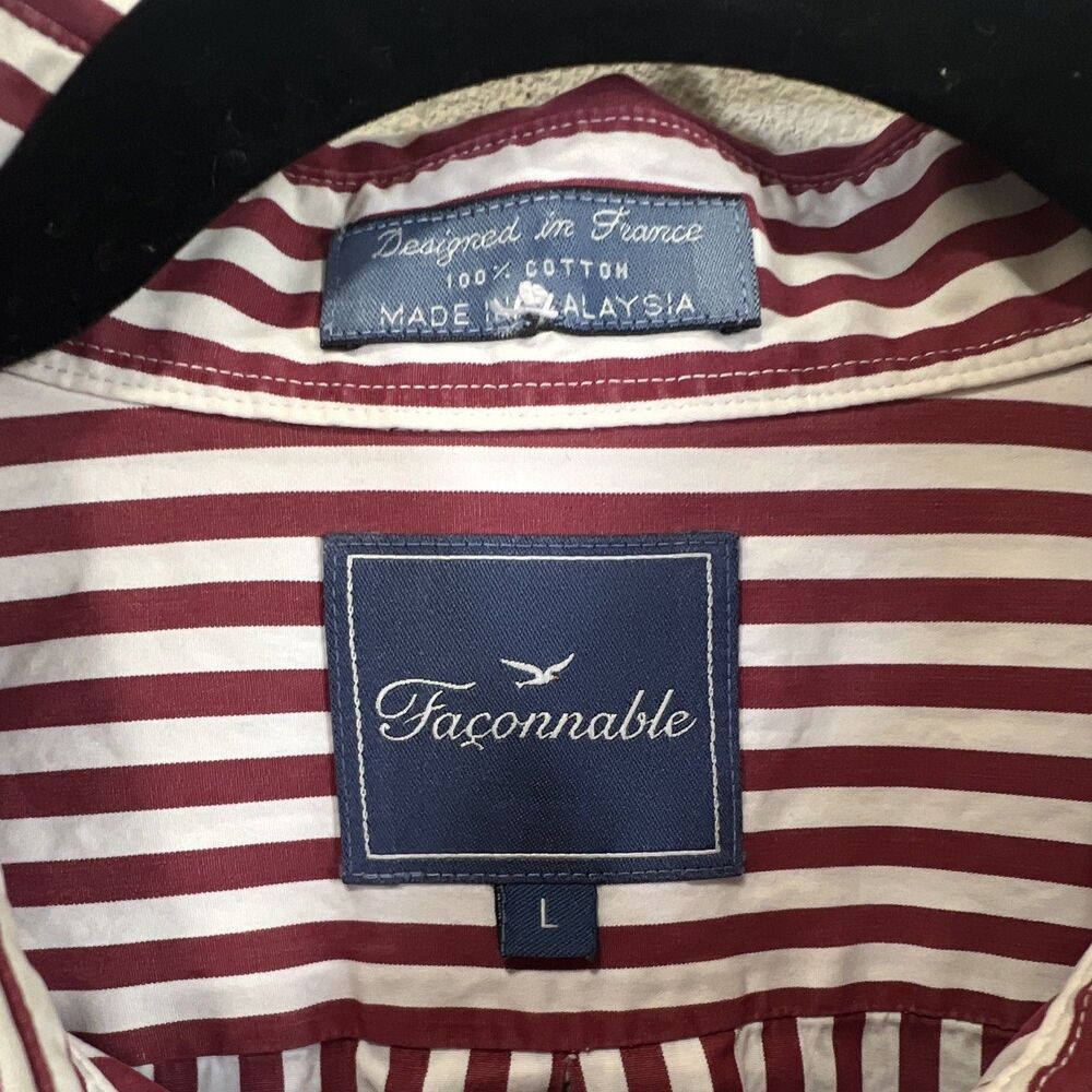 Façonnable Button-Up Short Sleeve Shirt Men's L Cotton Stripe Burgundy/White